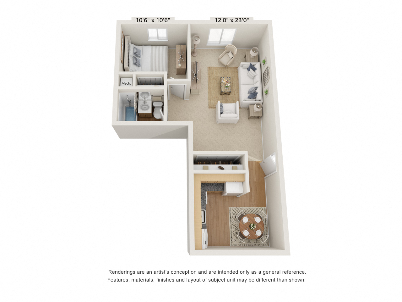 Floor plan for 1 bed, 1 bath, 627 sqft